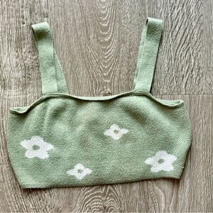 Green Knit Crop Top with White Floral Pattern